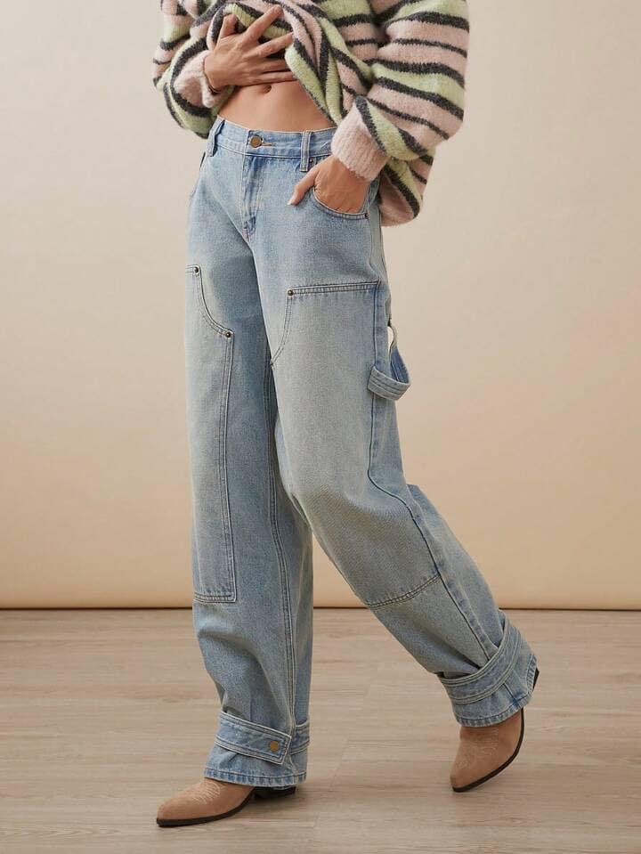 CM-BS077839 Women Casual Seoul Style Light Wash Premium Denim Utility Straight Leg Jeans
