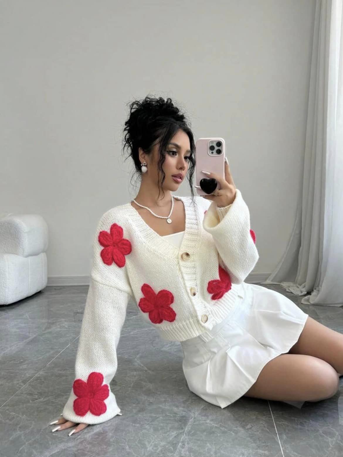 CM-CS833495 Women Casual Seoul Style Floral Print Color Blocking Long Sleeve Cardigan