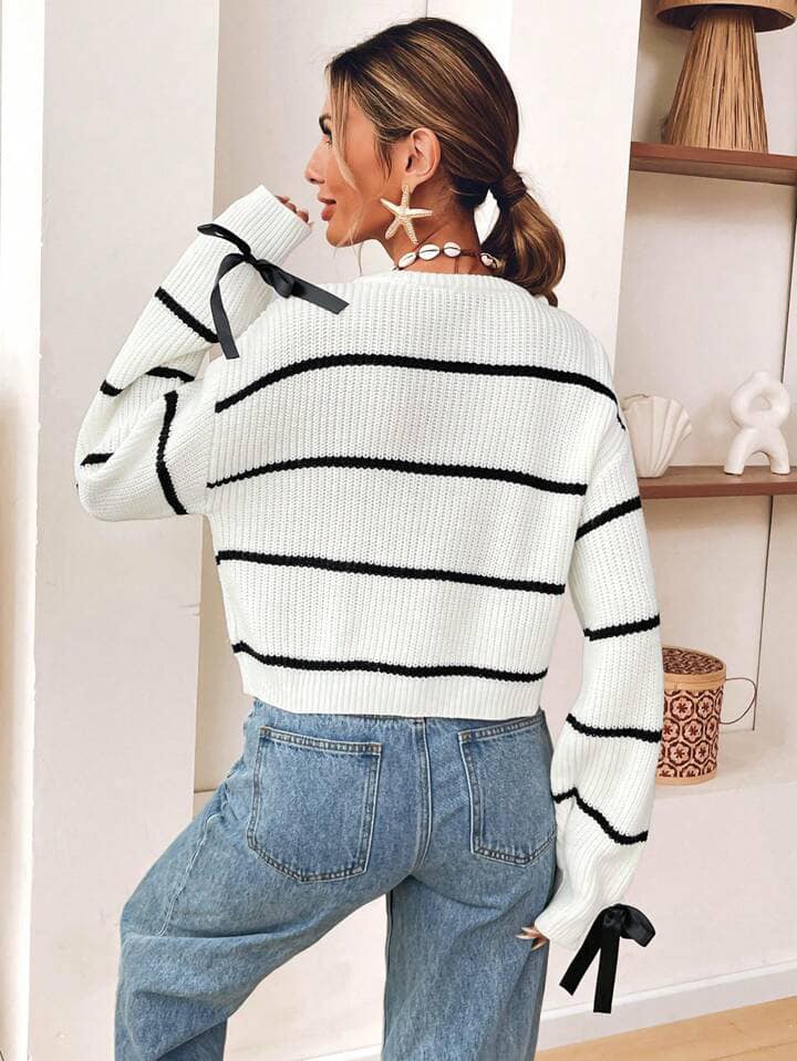 CM-CS151155 Women Casual Seoul Style V-Neck Bow Decor Striped Cardigan Sweater
