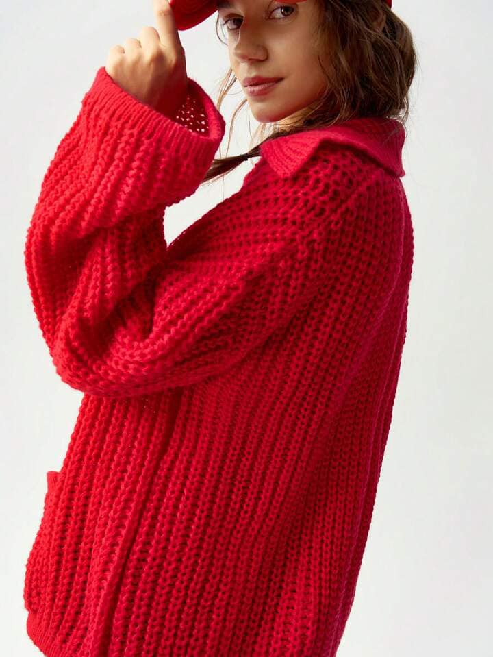 CM-CS604003 Women Trendy Bohemian Style Solid Color Long Sleeve Cardigan Sweater - Red