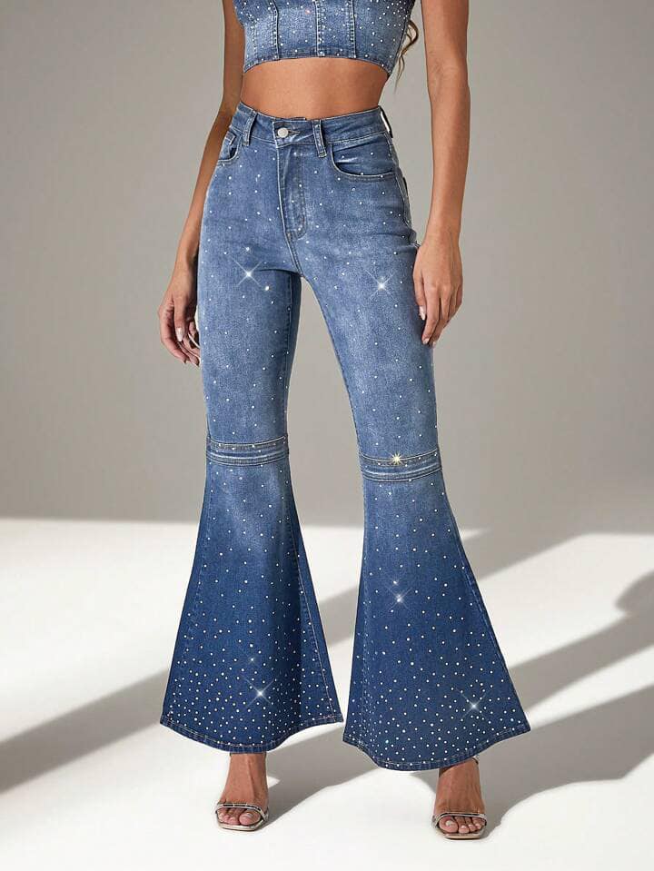 CM-BS332375 Women Elegant Seoul Style Front Button Pocket Rhinestone Embellished Denim Jeans