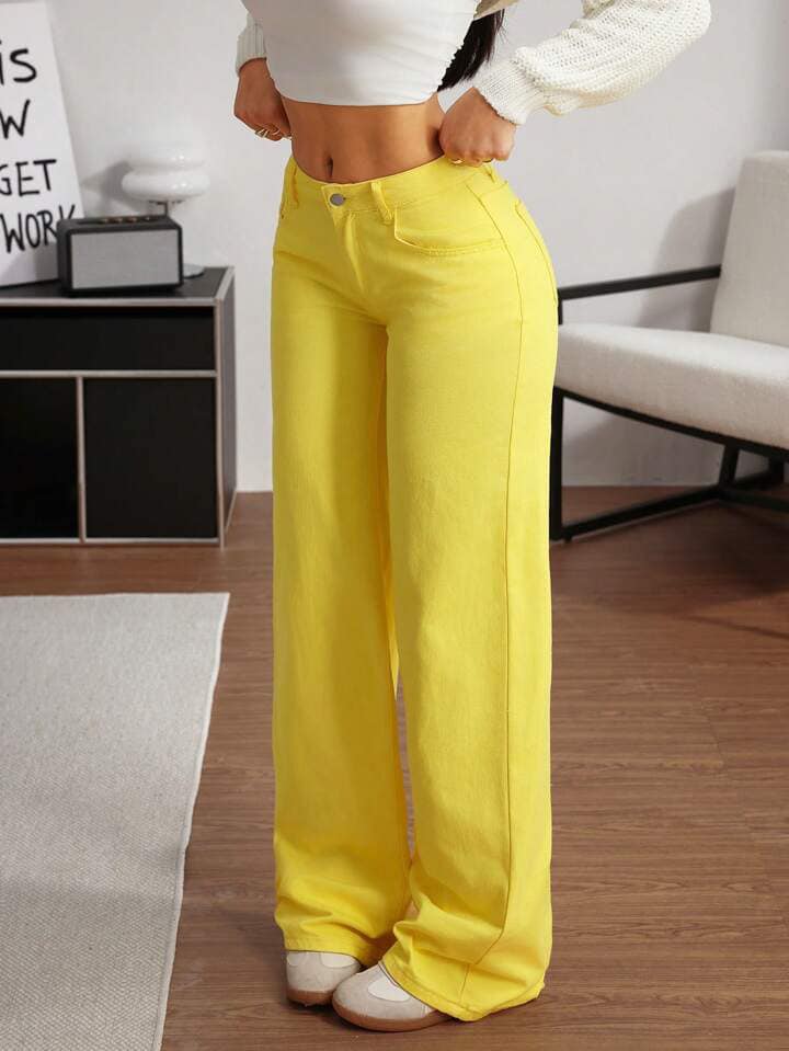 CM-BS332267 Women Casual Seoul Style Drop Waist Wide Leg Loose Denim Jeans - Yellow