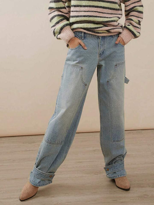 CM-BS077839 Women Casual Seoul Style Light Wash Premium Denim Utility Straight Leg Jeans