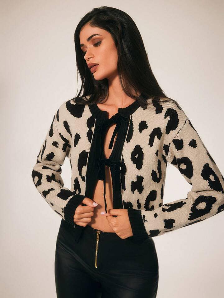 CM-CS617481 Women Casual Seoul Style Leopard Print Tie Front Long Sleeve Cardigan Sweaters