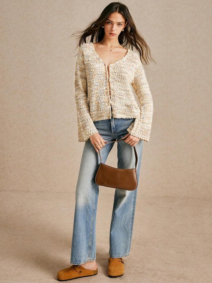 CM-CS721622 Women Casual Seoul Style V-Neck Button Front Long Sleeve Soft Fluffy Cardigan