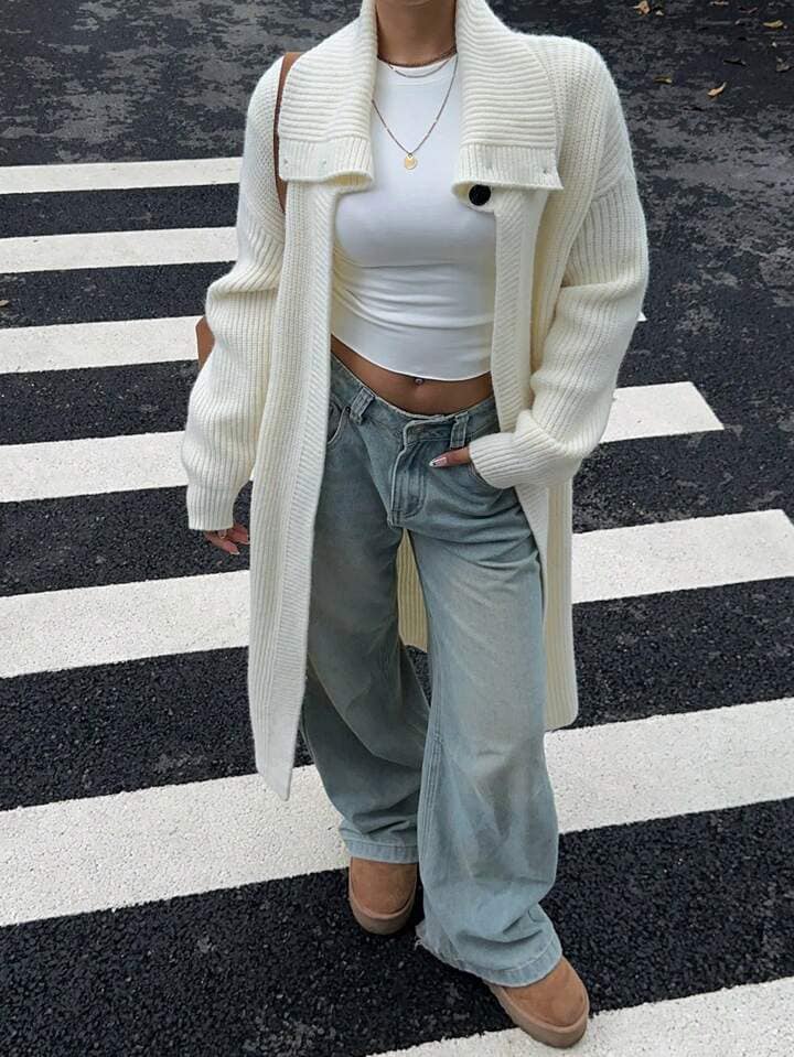 CM-CS067304 Women Casual Seoul Style Solid Color Drop Shoulder Long Sleeve Cardigan - Apricot