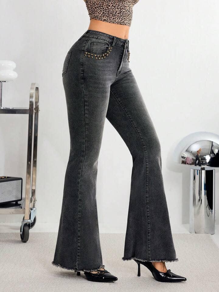 CM-BS686651 Women Casual Seoul Style Zipper Fly Distressed Flare Leg Denim Jeans - Gray