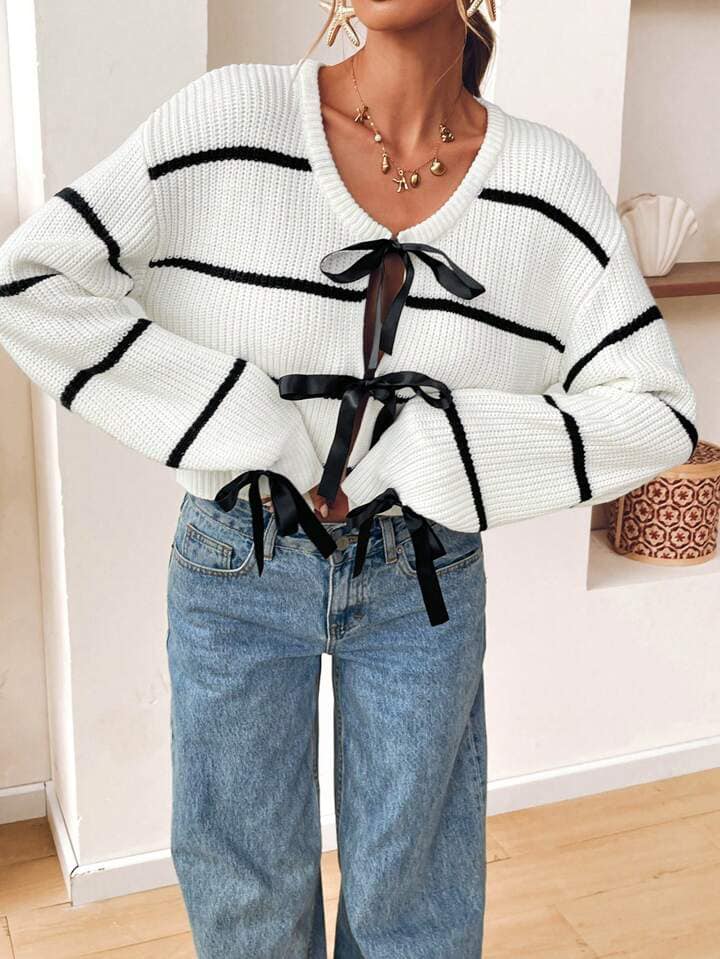 CM-CS151155 Women Casual Seoul Style V-Neck Bow Decor Striped Cardigan Sweater