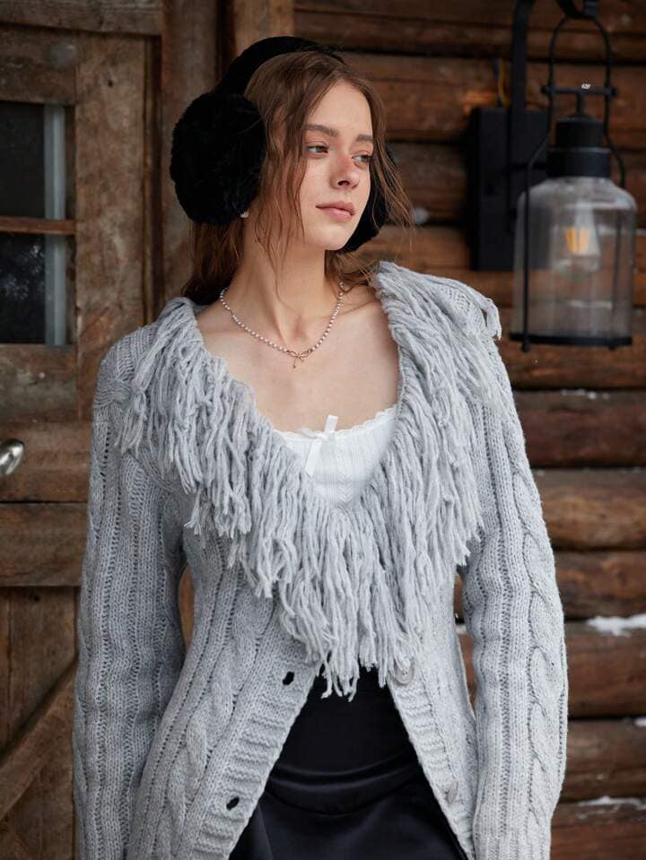CM-CS381949 Women Casual Seoul Style Furry Collar Long Sleeve Buttoned Cardigan - Gray