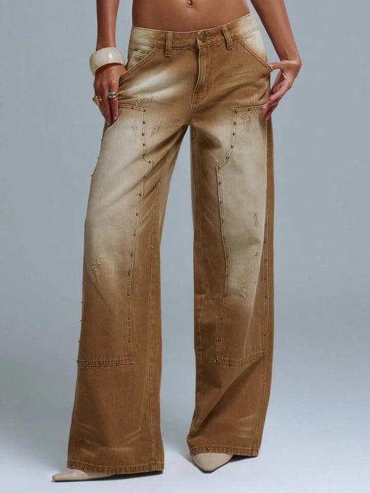 CM-BS439277 Women Casual Seoul Style Acid Wash Straight Leg Studded Panel Jeans