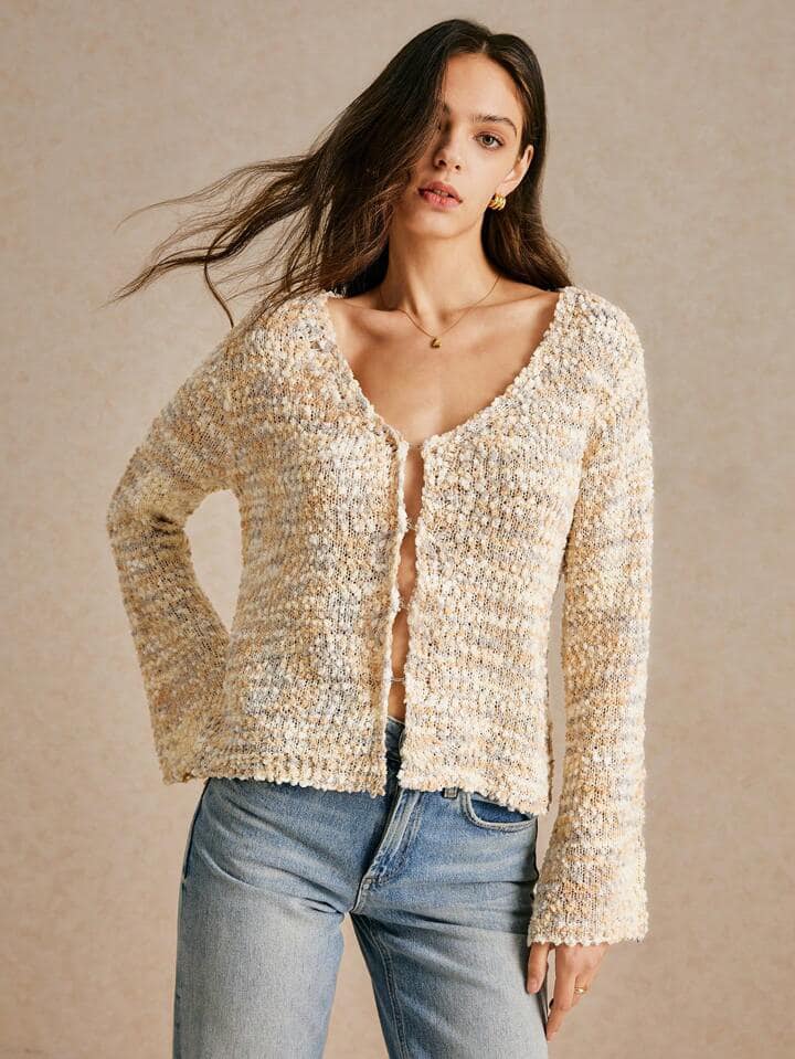 CM-CS721622 Women Casual Seoul Style V-Neck Button Front Long Sleeve Soft Fluffy Cardigan