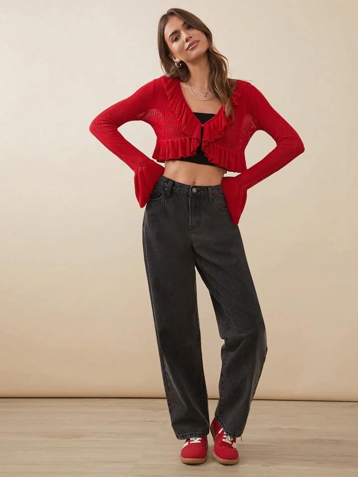 CM-BS841235 Women Casual Seoul Style Mid Rise Premium Denim Straight Leg Jeans - Black