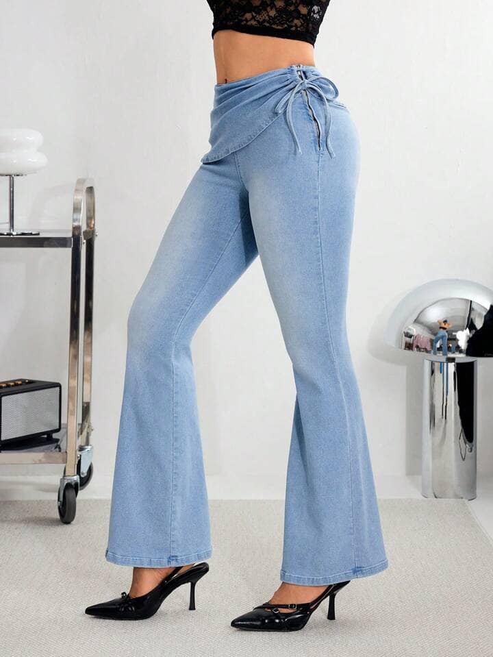 CM-BS902480 Women Casual Seoul Style Side Zipper Lace-Up Drop Waist Denim Jeans - Blue