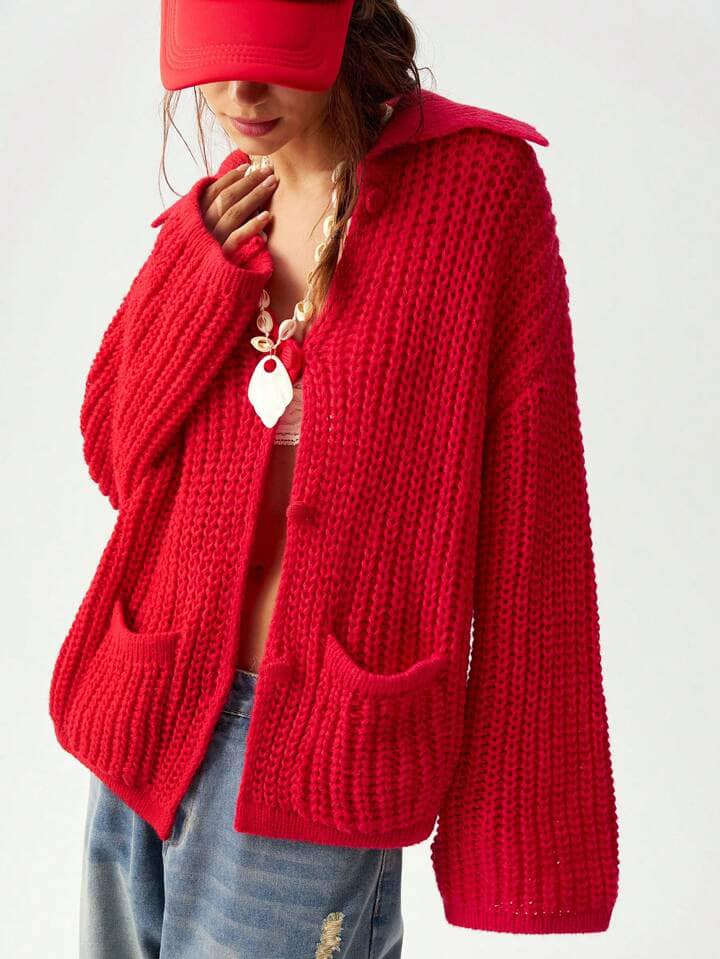 CM-CS604003 Women Trendy Bohemian Style Solid Color Long Sleeve Cardigan Sweater - Red