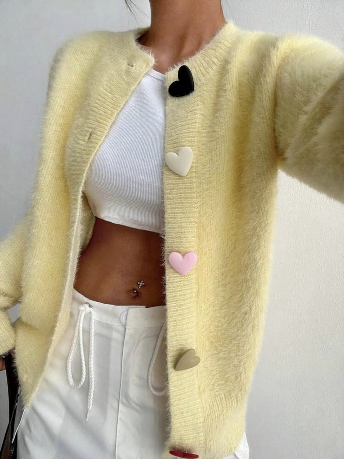 CM-CS364444 Women Casual Seoul Style Colorful Heart Button Front Cardigan - Yellow