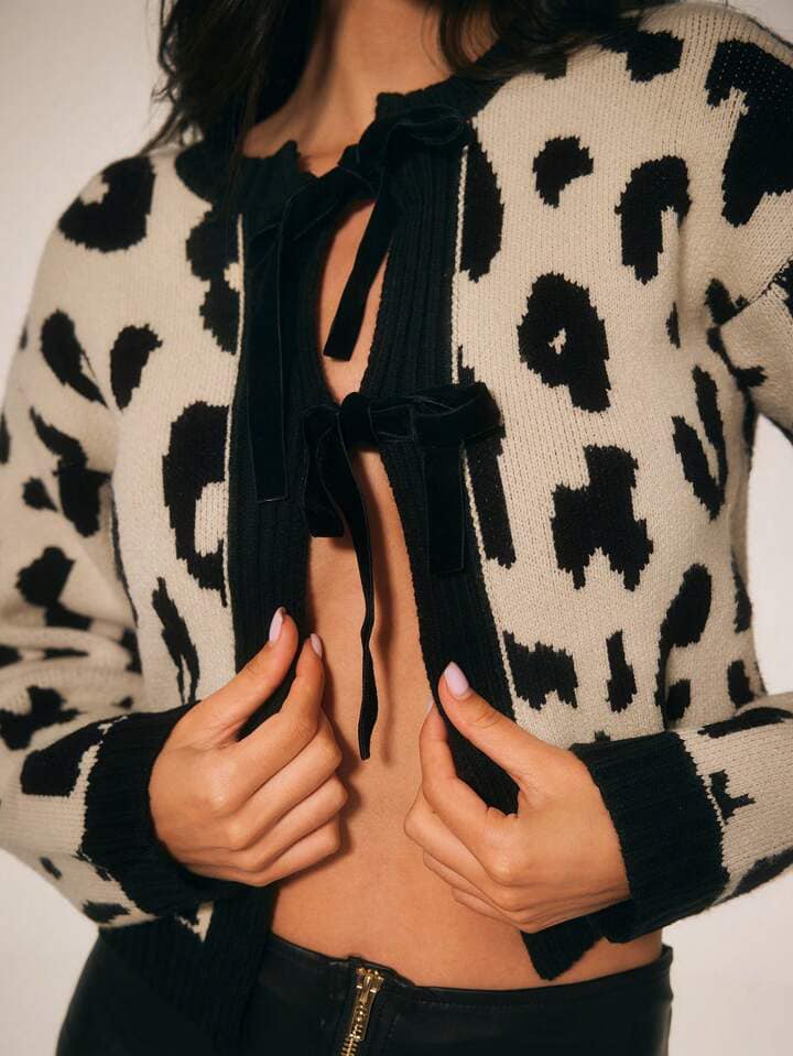 CM-CS617481 Women Casual Seoul Style Leopard Print Tie Front Long Sleeve Cardigan Sweaters