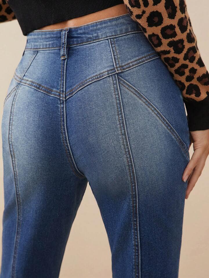 CM-BS697288 Women Casual Seoul Style Medium Wash High Waist Premium Denim Flare Jeans