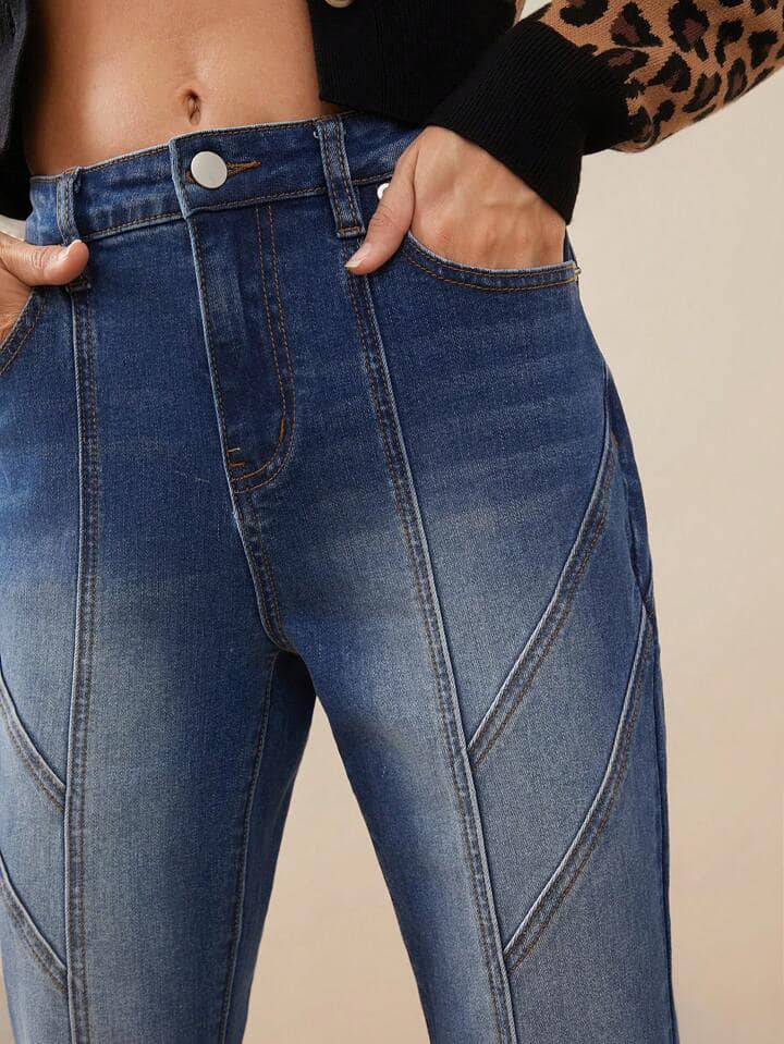 CM-BS697288 Women Casual Seoul Style Medium Wash High Waist Premium Denim Flare Jeans