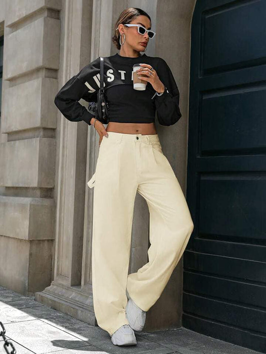 CM-BS038084 Women Casual Seoul Style Low-Waist Wide-Leg Denim Jeans - Apricot