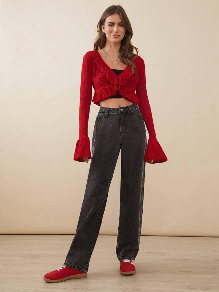 CM-BS841235 Women Casual Seoul Style Mid Rise Premium Denim Straight Leg Jeans - Black