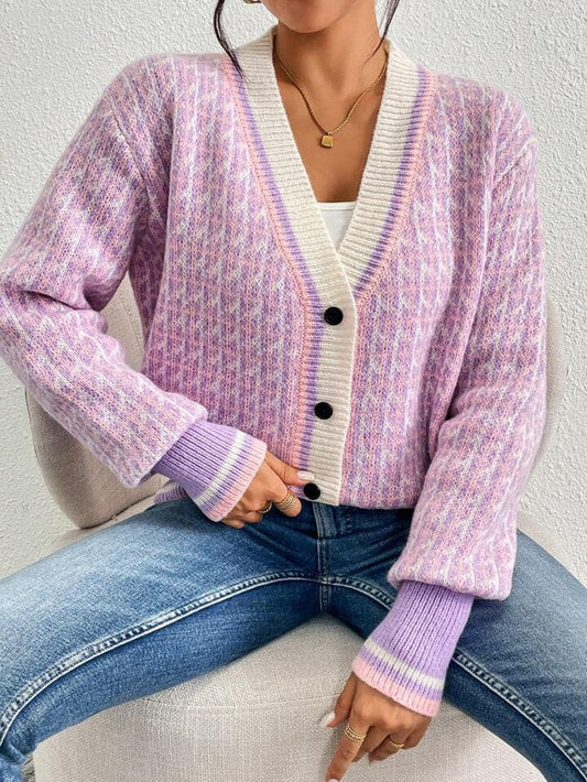 CM-CS172832 Women Casual Seoul Style Contrast Color Long Sleeve Plaid Cardigan