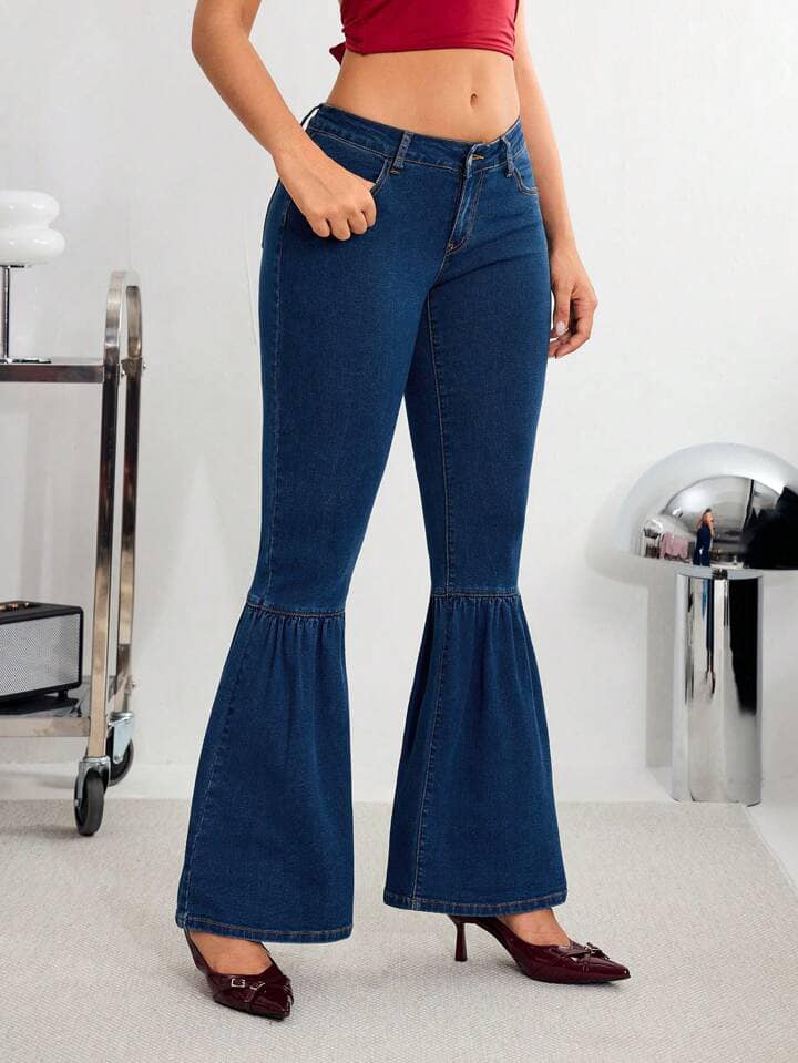 CM-BS440919 Women Casual Seoul Style Dark Wash Drop Waist Slanted Pocket Flare Leg Jeans