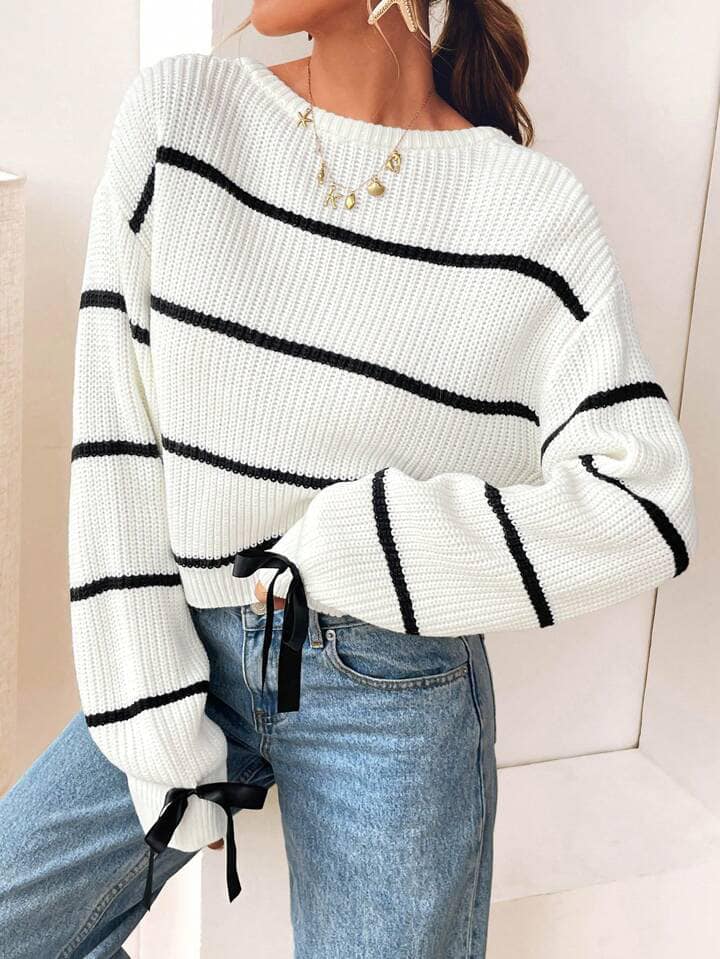 CM-CS151155 Women Casual Seoul Style V-Neck Bow Decor Striped Cardigan Sweater