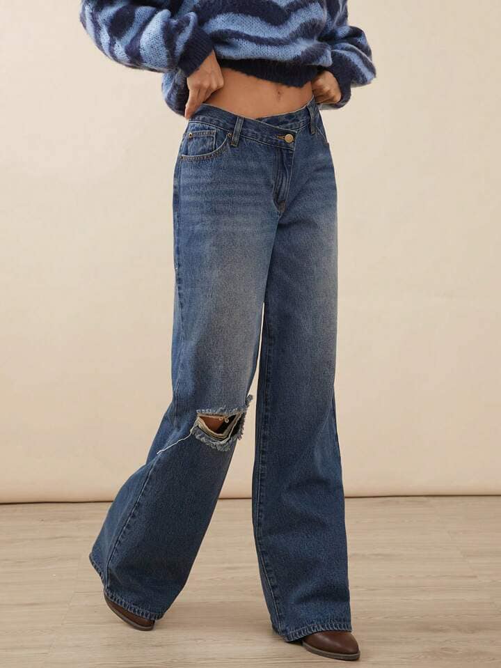 CM-BS795352 Women Casual Seoul Style Crossover Ripped Premium Denim Wide Leg Jeans - Blue