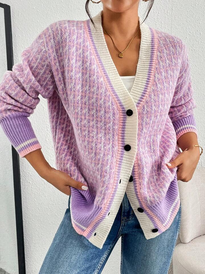 CM-CS172832 Women Casual Seoul Style Contrast Color Long Sleeve Plaid Cardigan