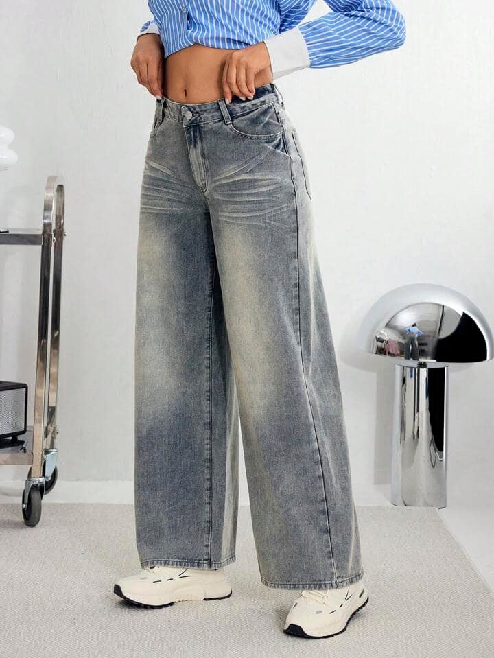 CM-BS885005 Women Casual Seoul Style Front Button Multi-Pocket Denim Jeans - Gray