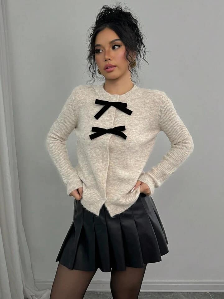 CM-CS140608 Women Casual Seoul Style Bow Decor Button Front Cardigan Sweater - Apricot