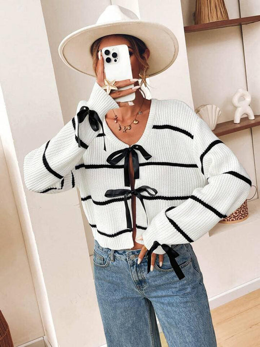 CM-CS151155 Women Casual Seoul Style V-Neck Bow Decor Striped Cardigan Sweater