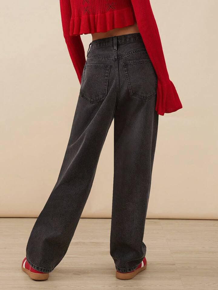 CM-BS841235 Women Casual Seoul Style Mid Rise Premium Denim Straight Leg Jeans - Black