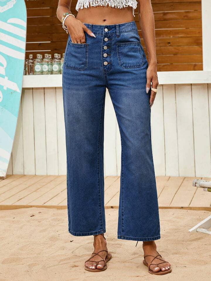 CM-BS490695 Women Casual Seoul Style Loose Fit 3/4 Length Straight Leg Jeans Denim