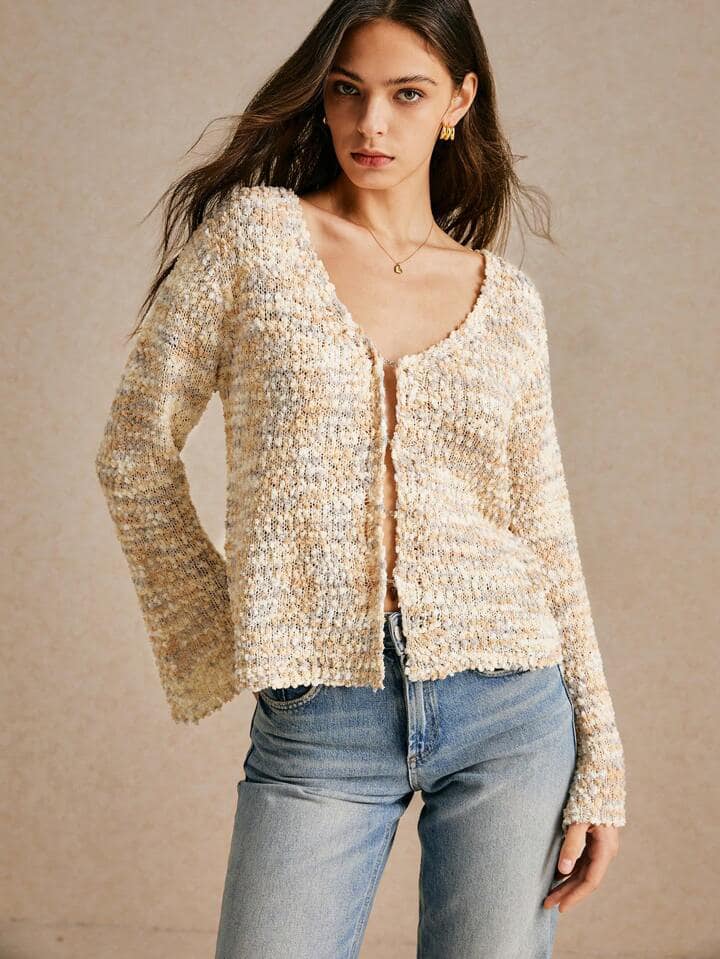 CM-CS721622 Women Casual Seoul Style V-Neck Button Front Long Sleeve Soft Fluffy Cardigan