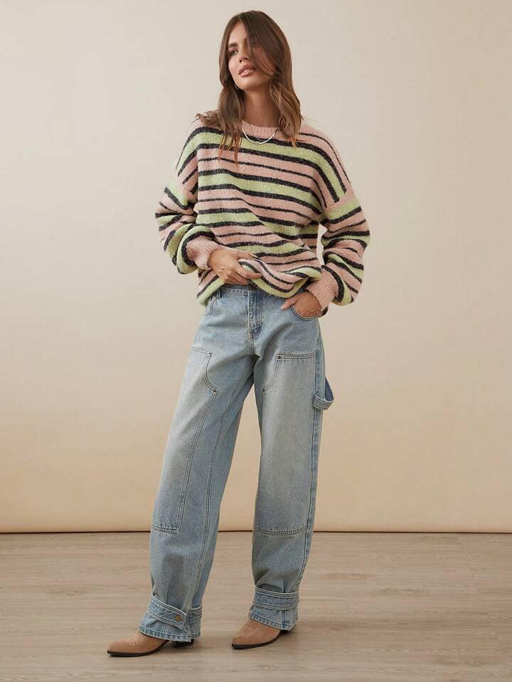 CM-BS077839 Women Casual Seoul Style Light Wash Premium Denim Utility Straight Leg Jeans
