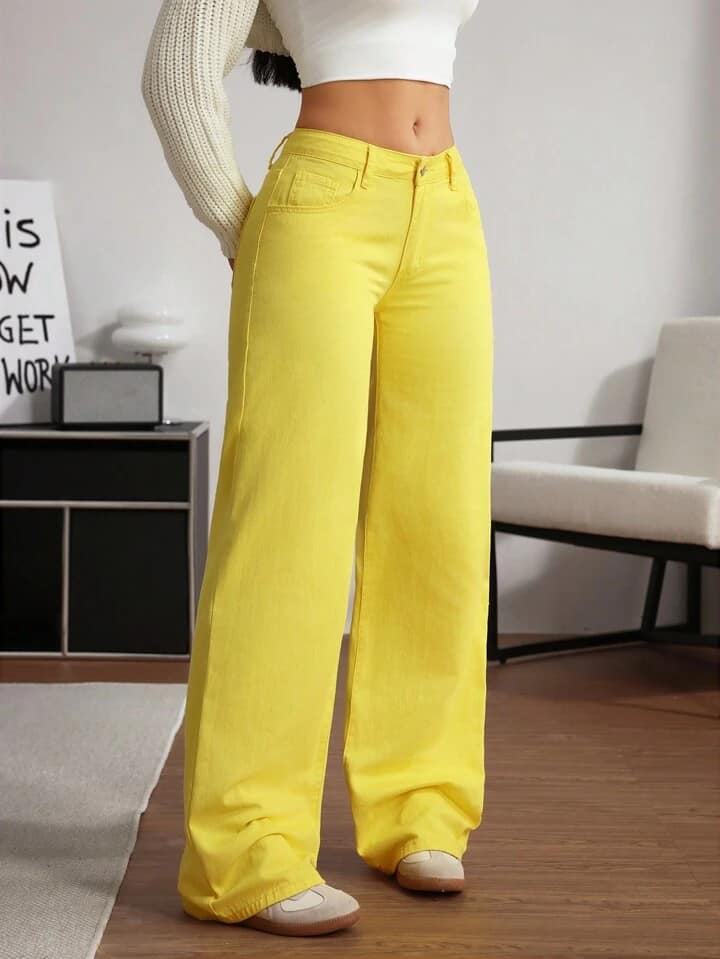 CM-BS332267 Women Casual Seoul Style Drop Waist Wide Leg Loose Denim Jeans - Yellow