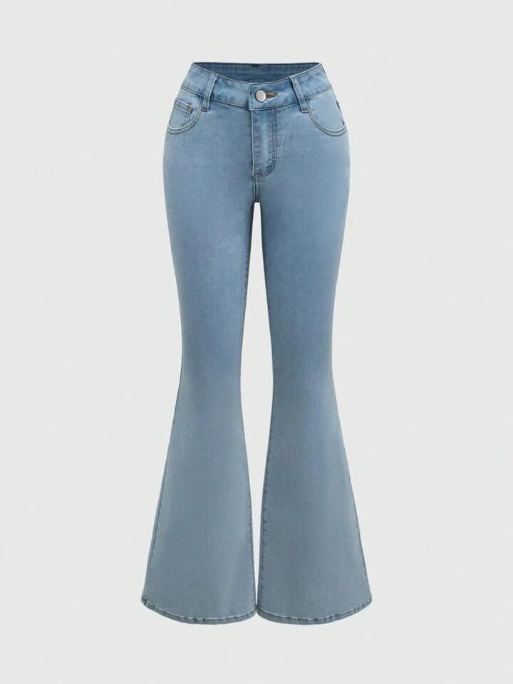 CM-BS980155 Women Casual Seoul Style Lace Ribbon Tie Flare Leg Denim Jeans - Blue