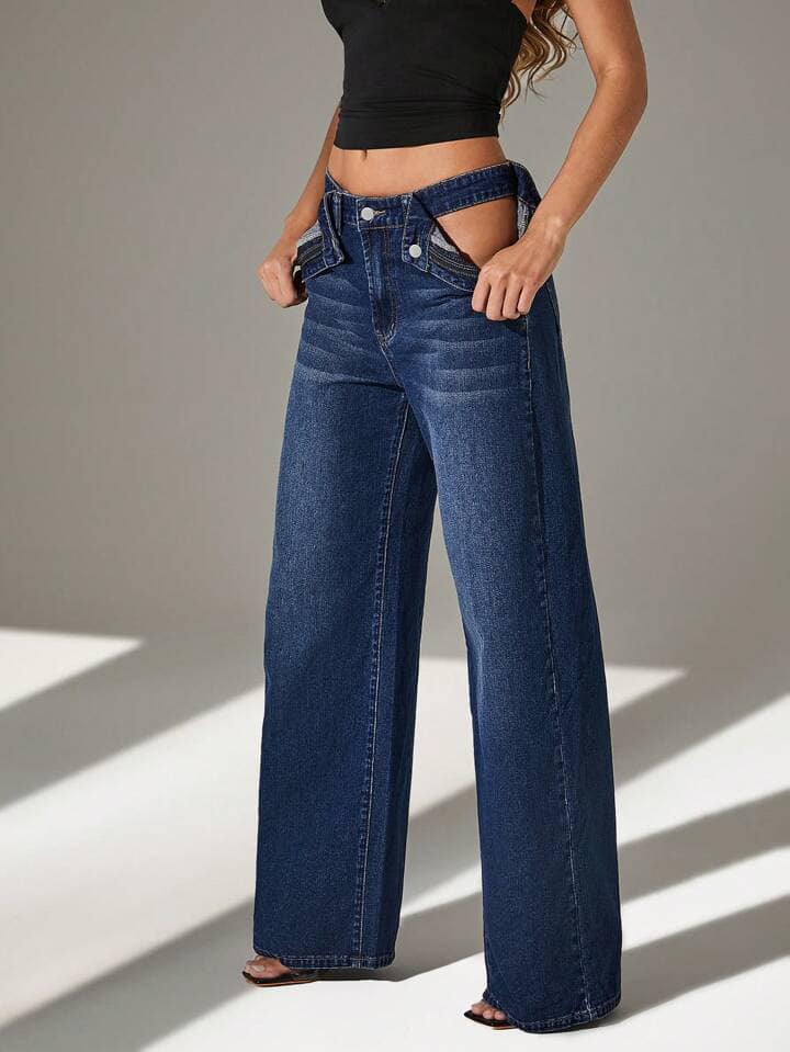 CM-BS280600 Women Casual Seoul Style Dark Wash Zipper Fly Cutout Wide Leg Jeans