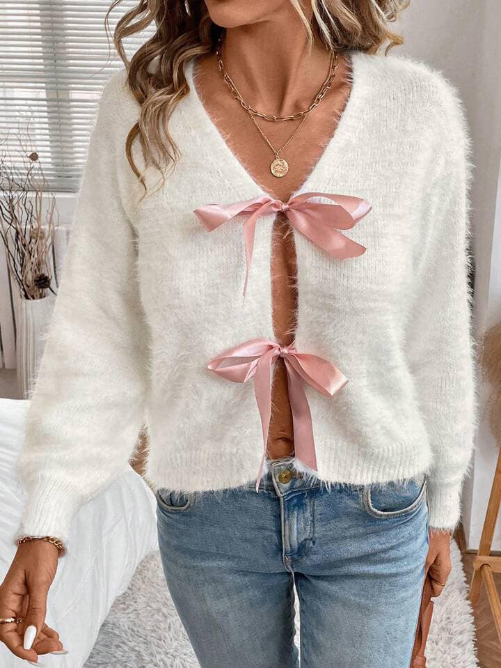 CM-CS097685 Women Casual Seoul Style Bowknot V-Neck Lantern Sleeve Sweater - White