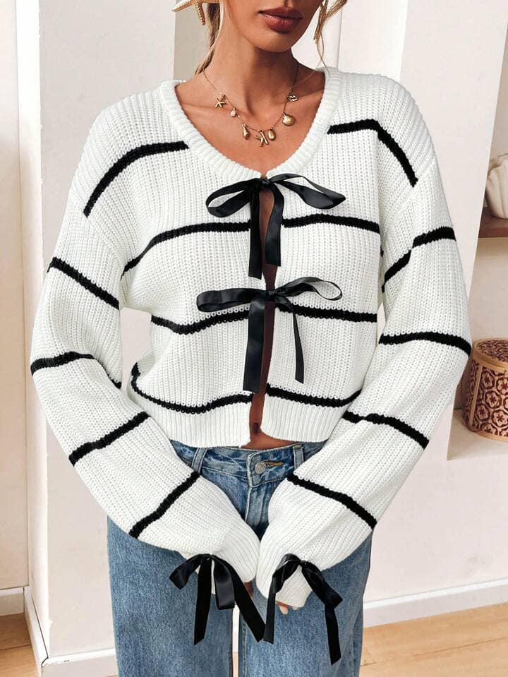 CM-CS151155 Women Casual Seoul Style V-Neck Bow Decor Striped Cardigan Sweater