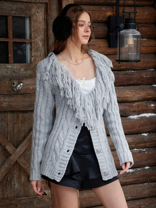 CM-CS381949 Women Casual Seoul Style Furry Collar Long Sleeve Buttoned Cardigan - Gray