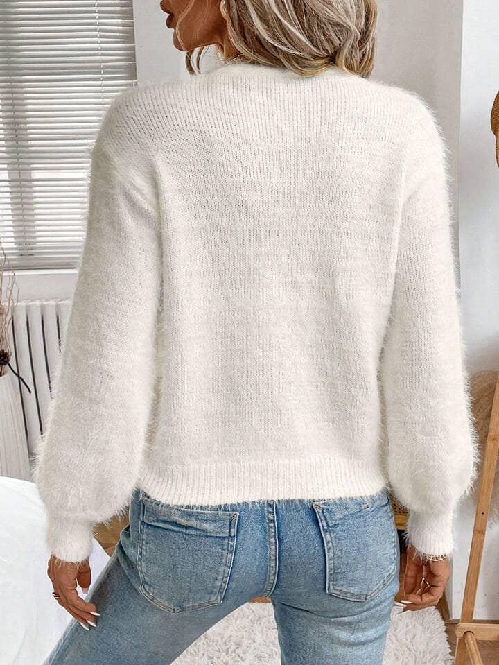 CM-CS097685 Women Casual Seoul Style Bowknot V-Neck Lantern Sleeve Sweater - White