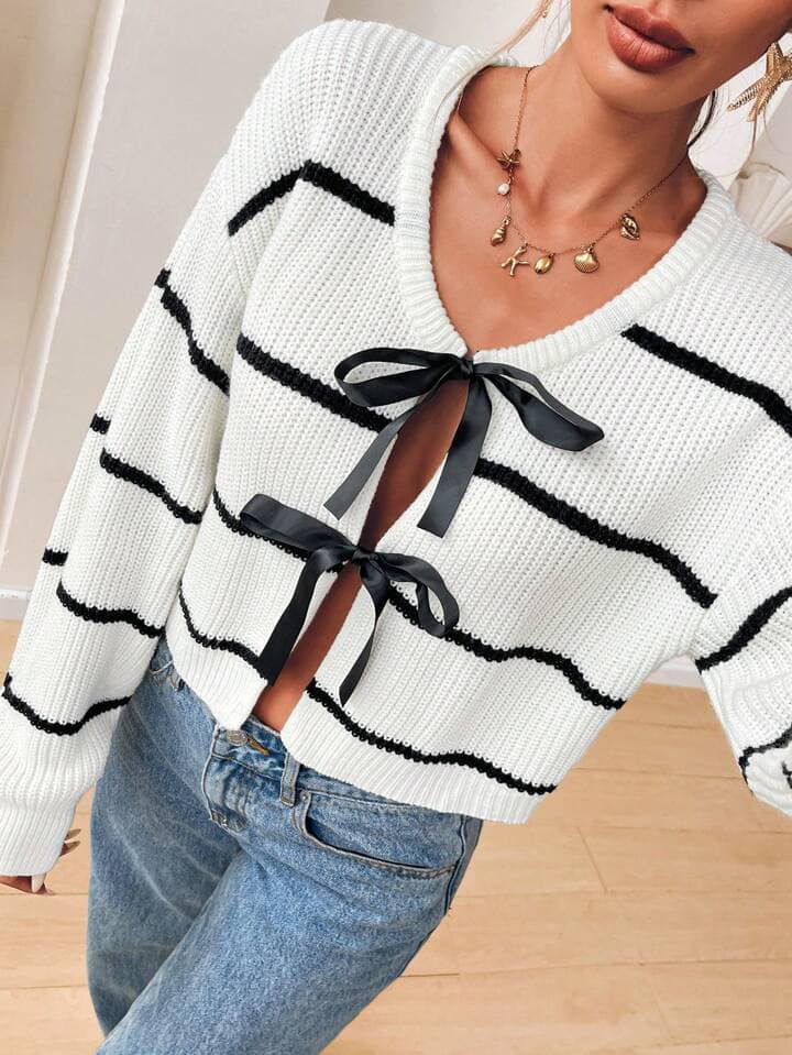CM-CS151155 Women Casual Seoul Style V-Neck Bow Decor Striped Cardigan Sweater