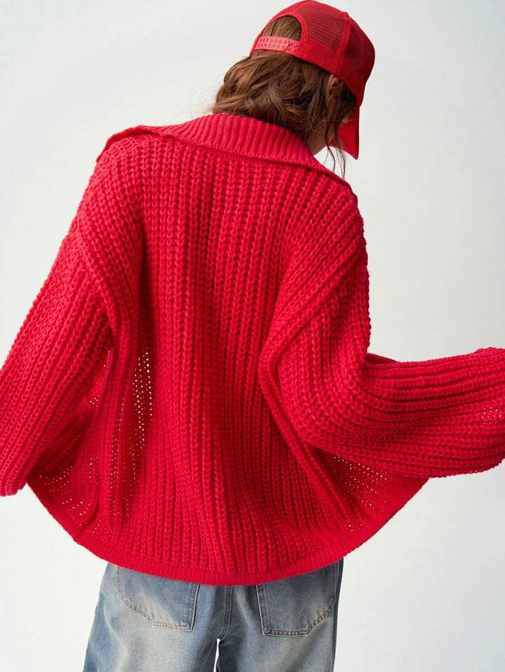 CM-CS604003 Women Trendy Bohemian Style Solid Color Long Sleeve Cardigan Sweater - Red