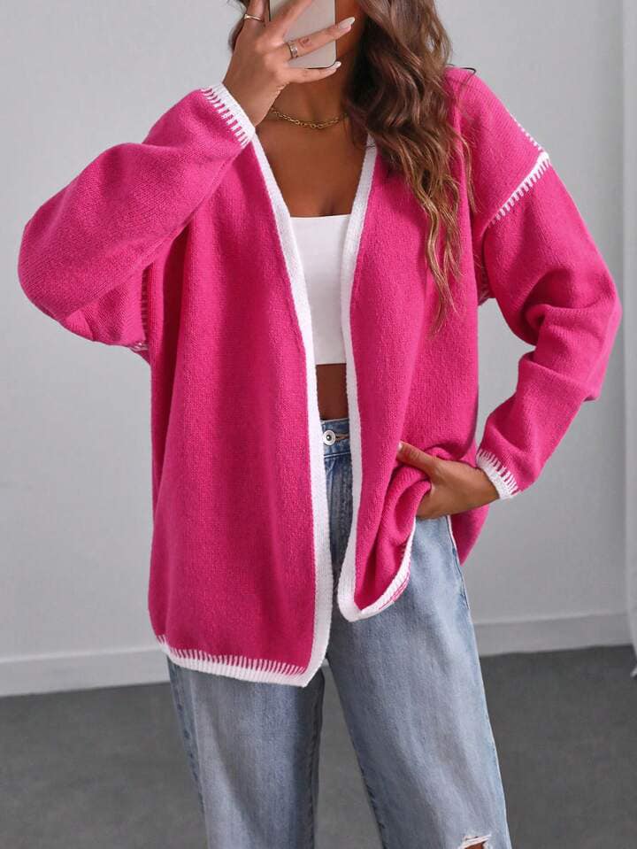 CM-CS456297 Women Casual Seoul Style Oversized Ribbed Trim Dolman Sleeve Cardigan - Hot Pink