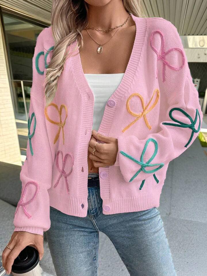 CM-CS089608 Women Casual Seoul Style Colorful Bow Knit Long Sleeve Cardigan - Pink