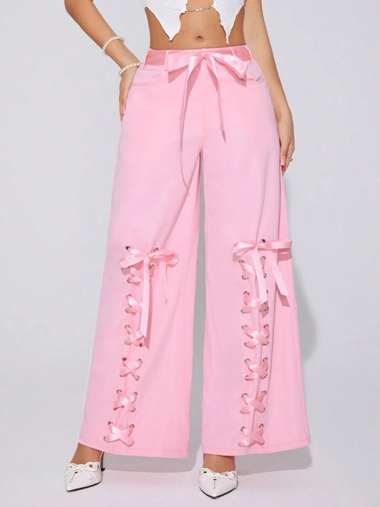 CM-BS621018 Women Casual Seoul Style Drop Waist Loose-Fitting Bow Belted Cargo Pants - Pink