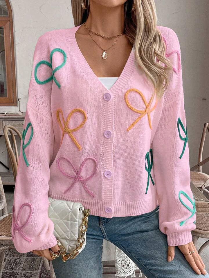 CM-CS089608 Women Casual Seoul Style Colorful Bow Knit Long Sleeve Cardigan - Pink