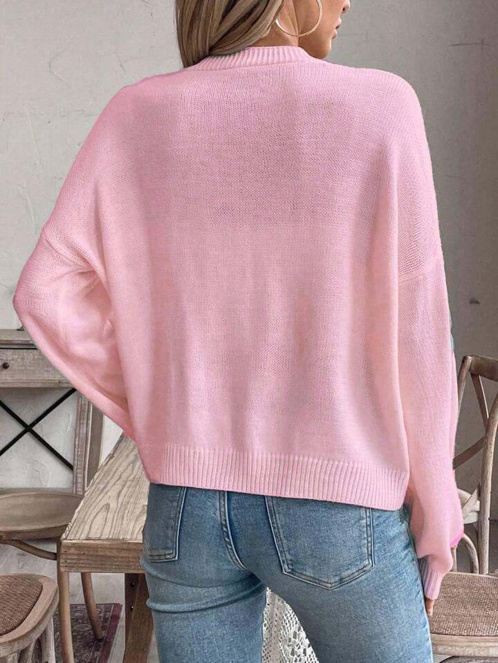 CM-CS089608 Women Casual Seoul Style Colorful Bow Knit Long Sleeve Cardigan - Pink